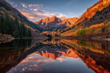 Obraz premium Serene Sunrise Over Maroon Bells Lake: A Tranquil Colorado Landscape Surrounded by Majestic Mountains and Aspen Trees
