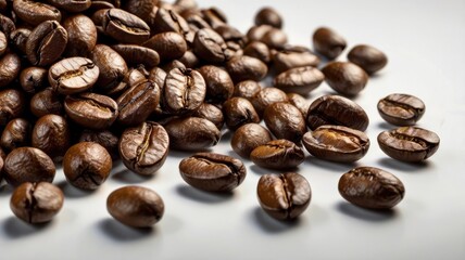 Naklejka premium Roasted coffee beans scattered on a light background.