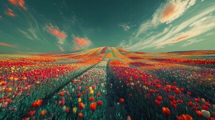 Colorful hillside blooming with vibrant flowers under a dramatic sky.