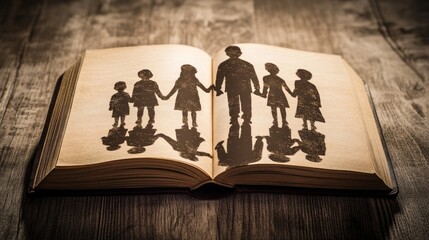 Family silhouette etched in an open antique book on a wooden table.