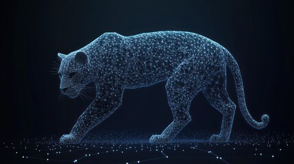 Digital rendering of a jaguar, composed of interconnected nodes and lines, evoking a sense of technological elegance and wildlife.