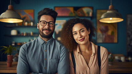 Fototapeta premium Group of multi-ethnic creative friends in smart casual wear, capturing a joyful, collaborative, and professional vibe.