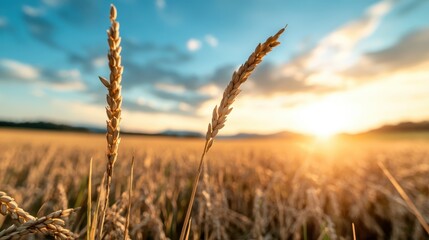 Fototapeta premium A stunning view of golden wheat swaying gently in the wind under a colorful sunset, capturing the essence of nature's beauty and agricultural richness in full bloom.