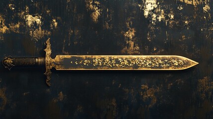 Ornate gold sword, speckled gold inlay, dark background.