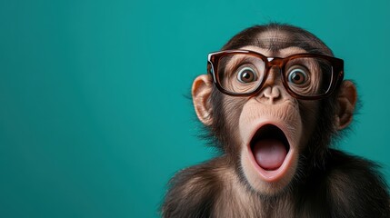 An adorable close-up of a monkey wearing stylish glasses, expressing surprise and joy, representing playful emotion and curiosity in a whimsical context ideal for animal illustrations.