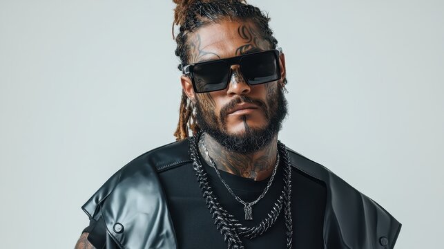 A fierce-looking tattooed man wearing sunglasses and a leather outfit confidently stares into the camera, showcasing modern street style and edginess in urban culture.