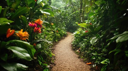 Gravel path through lush, vibrant, tropical foliage.