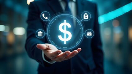 Businessman Holding a Glowing Dollar Sign with Banking and Security Icons in a Modern Financial Concept