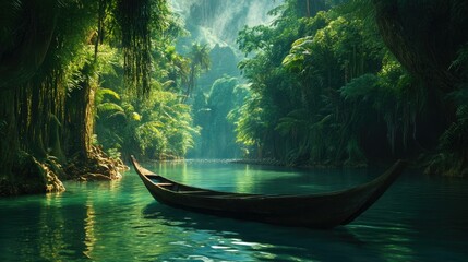 Lush jungle river, lone wooden boat floats.
