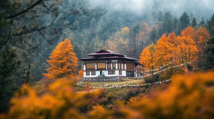 Autumnal mountain building, colorful trees, prayer flags.