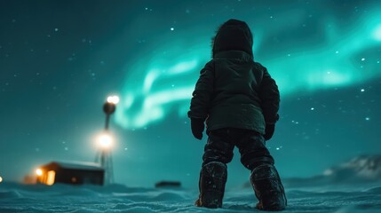 A child stands in the snowy landscape, mesmerized by the vibrant Northern Lights illuminating the night sky, capturing a moment of wonder and curiosity.