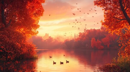 Autumn sunset, calm water, red leaves, birds.