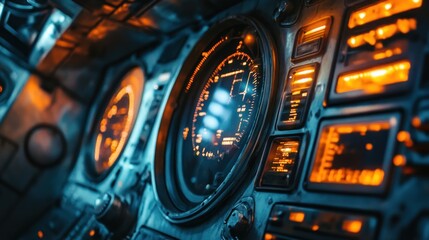 Obraz premium Close-up of aircraft cockpit instruments glowing at night.