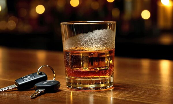 Glass of whiskey next to car keys on wooden bar, concept drinking and driving