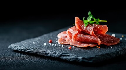 This image showcases beautifully arranged slices of meat on a sleek slate plate, garnished with fresh greens and sprinkled with salt and pepper for a gourmet presentation.