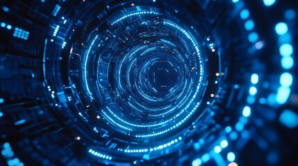 Obraz premium Deep neon blue tech background with embedded hexagon lights and curving circuit lines 