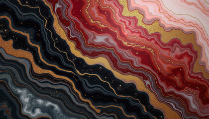 Obraz premium Abstract fluid art with red, black, and gold swirling patterns 