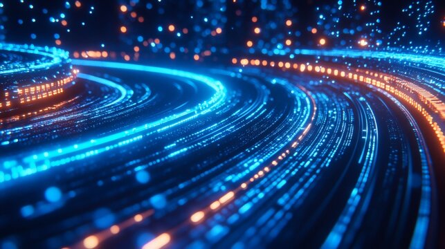 Deep neon blue tech background with embedded hexagon lights and curving circuit lines 