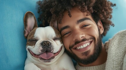 A heartwarming portrait of a man smiling joyfully with his adorable dog, highlighting the beautiful bond between humans and their furry companions filled with love.