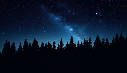 Naklejka premium Celestial Forest: A breathtaking view of the Milky Way galaxy illuminates a silhouetted forest, evoking a sense of wonder and serenity.