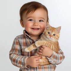 A baby boy in a plaid shirt holding a cat and smiling isolated on a white background