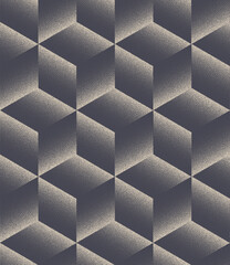 Modern abstract vector cube pattern in halftone dotwork technique. Shaded 3D illusion with geometric balance and block structure. Stylish graphic design for digital and print. Endless art illustration