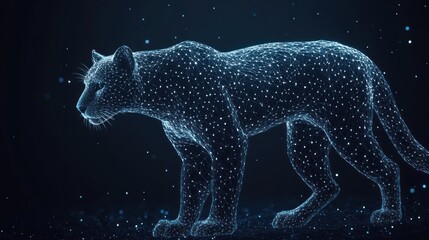 Fototapeta premium Digital rendering of a majestic cheetah, composed of glowing particles, standing against a dark blue background.