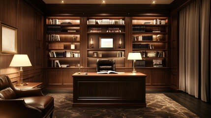 Exquisite private study adorned with a mahogany desk and bookshelf arrangement