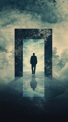 Silhouetted figure walks toward luminous doorway, cloudy sky.