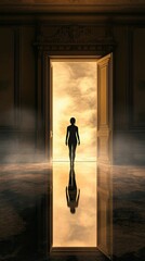Silhouette walks toward open door, ethereal light.