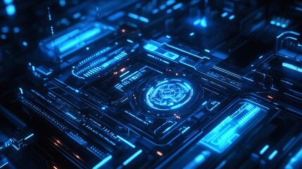 High-tech blue design with dynamic glowing circuitry layered over deep blue gradients 