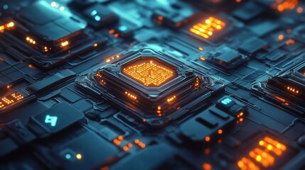 Fototapeta premium Futuristic digital blue canvas with interconnected circuitry and gentle luminous hexagons 