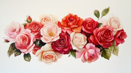 Obraz premium Vibrant cluster of pink, red, and orange roses in a horizontal arrangement.