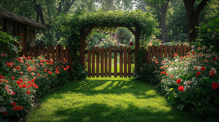 Obraz premium Lush garden with wooden archway and gate, vibrant flowers, and green lawn.