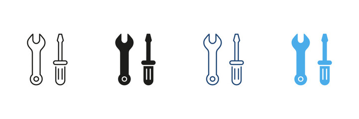 Wrench And Screwdriver Tool Icon Set. Maintenance And Repair Equipment Outline And Silhouette Symbol Collection. Construction And Diy Tools. Isolated Vector Illustration