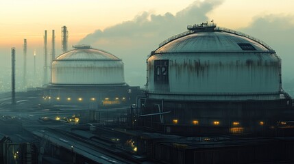 Obraz premium Industrial landscape at dawn, featuring large storage tanks and refinery structures emitting smoke.