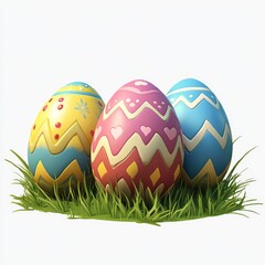 Three colorful decorated easter eggs rest in a patch of grass.