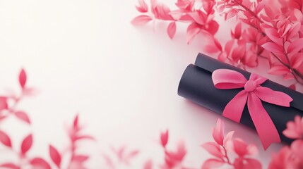 Dark rolled document with pink ribbon