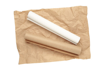 Rolls of white and brown baking paper isolated on white background