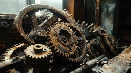 Rusty gears, intricate mechanism, aged machinery.