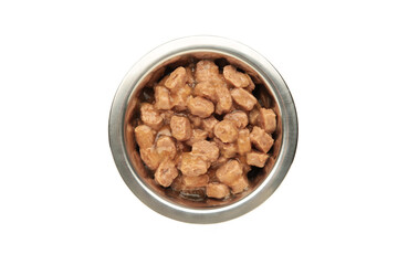 Wet pet food in feeding bowl isolated on white