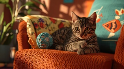 Kitten rests on orange chair, yarn nearby.
