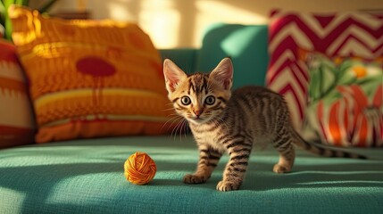 Kitten, yarn ball, couch, colorful pillows, sunlight.
