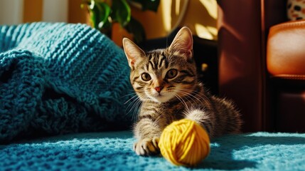 Kitten plays with yarn on teal blanket.