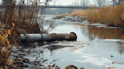 Rusty pipe leaks pollution into waterway.