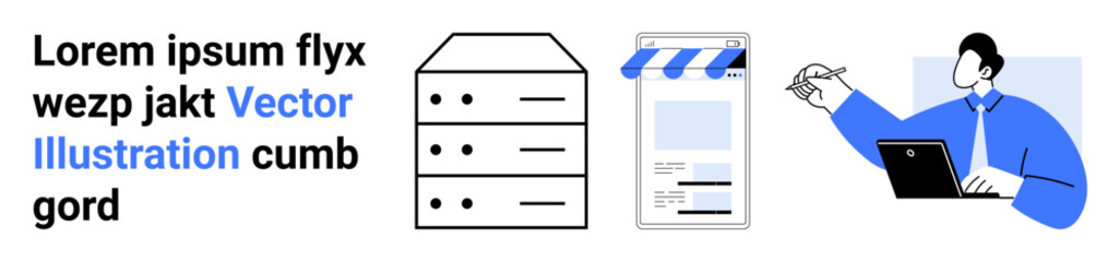 Server rack, online storefront, professional with laptop and pen writing. Ideal for tech, e-commerce, cloud solutions, business planning, team collaboration, development tools simple landing page