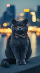 Gray cat, bow tie, city lights, nighttime setting.