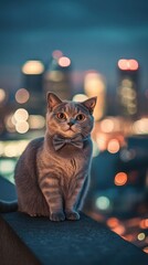 "A portrait of a Scottish Fold cat wearing a bowtie, with a blurred city skyline background --ar 9:16 --v 6.1 Job ID: 0d50c6ad-0242-4960-8b8b-1ceeaac15428
