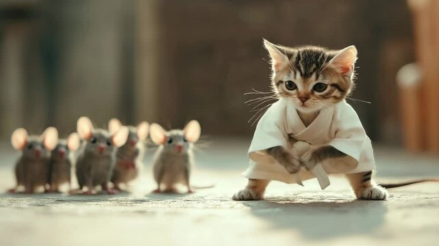 Funny Karate Cat Sensei Instructing Mice Students in Dojo Concept