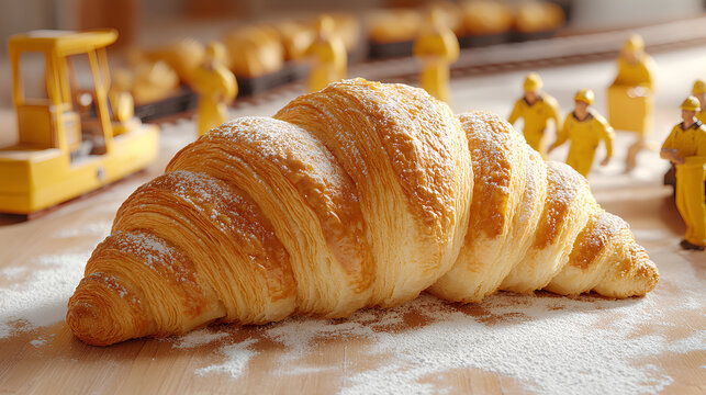 Tiny miniature workers loading a giant buttery croissant onto a small vintage toy train using miniature construction equipment--tiny cranes, forklifts, and scaffoldin